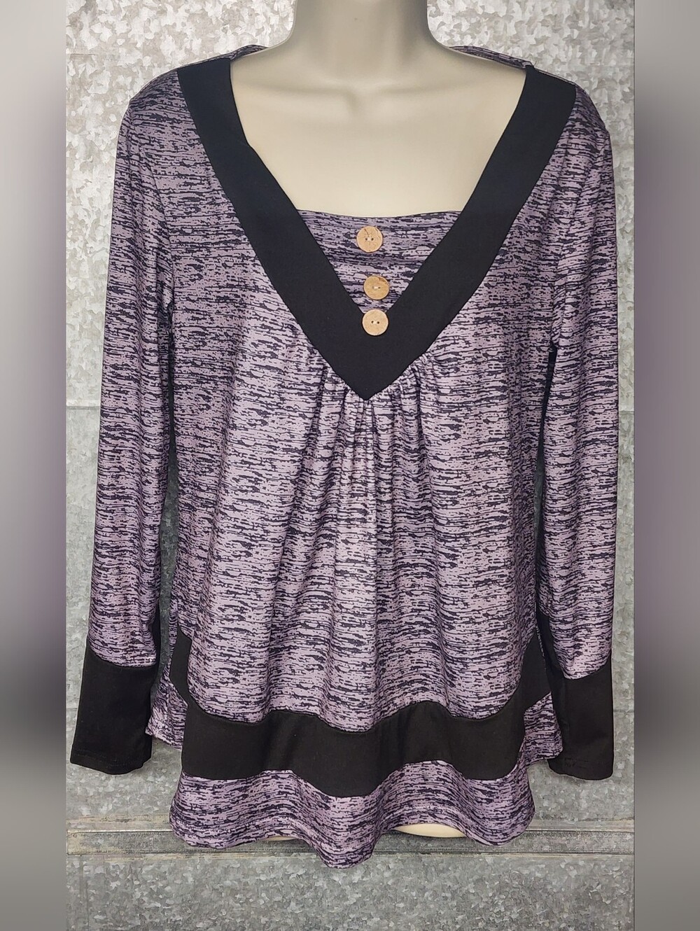 Noracora Grey Black LS  V-neck tunic top Womens Large